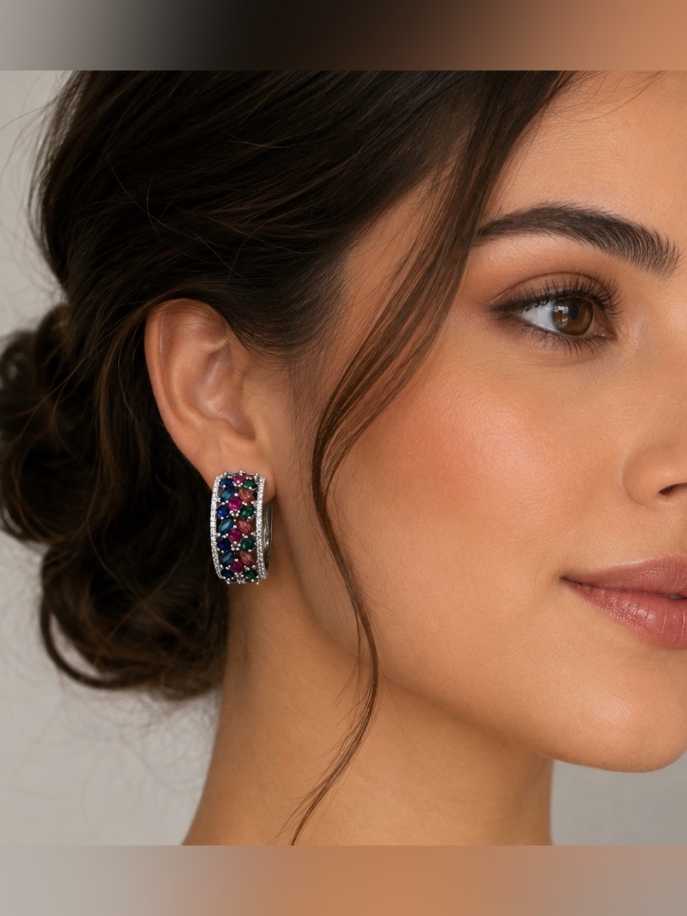 Multicolor Gemstone Hoop Earrings | Rainbow Crystal Half-Hoop | CZ Border